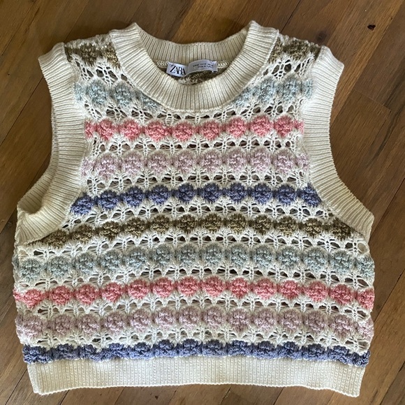 ZARA Women's Knit Cropped Vest Multicolor Cream Crochet Size M - Picture 3 of 4